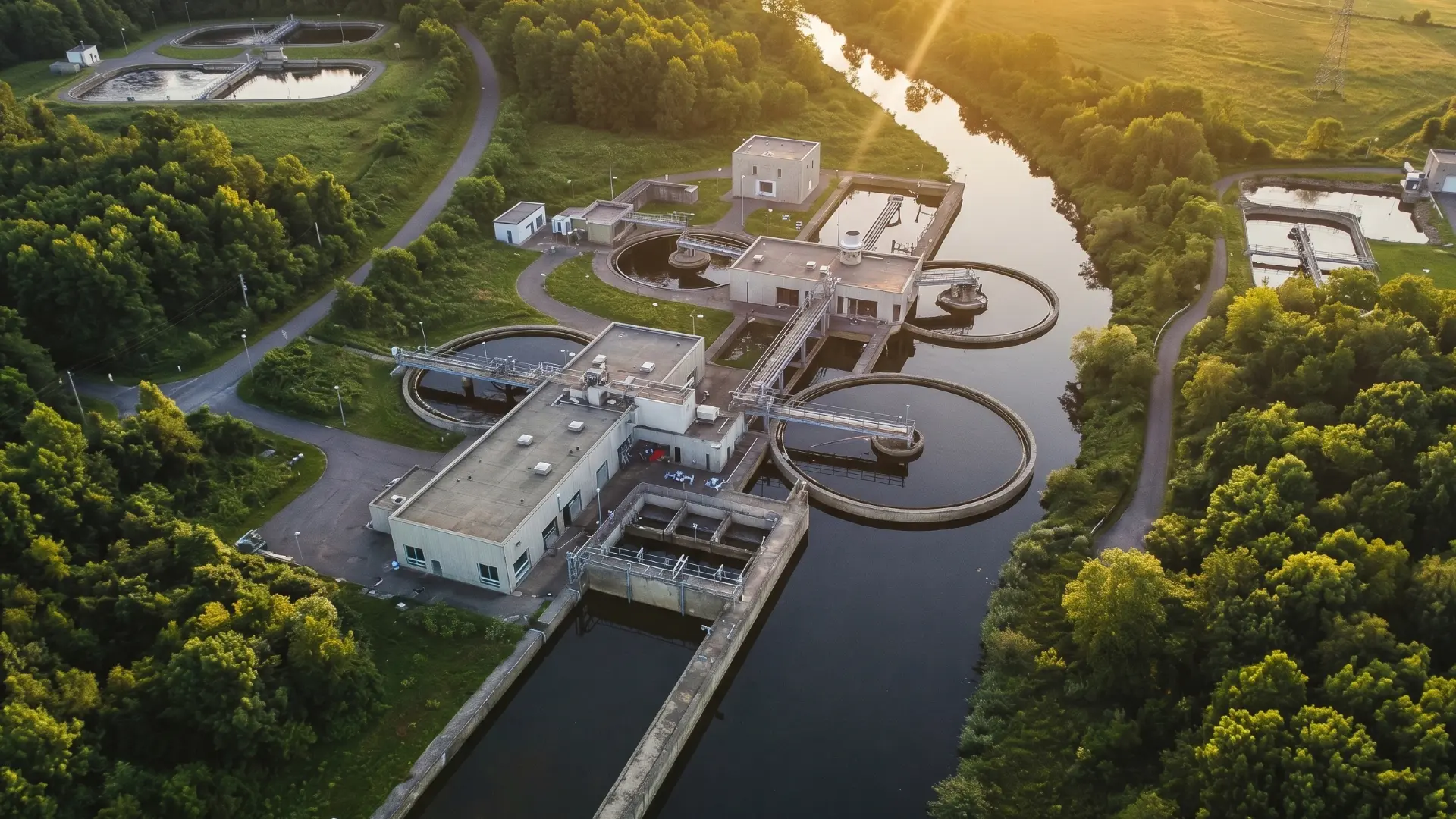 Aerial view of a water treatment facility beside a river